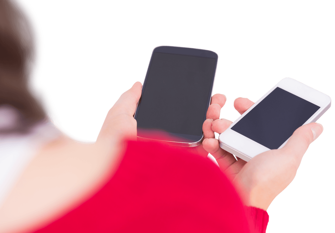 Transparent View Woman Holding Two Smartphones Communication Concept