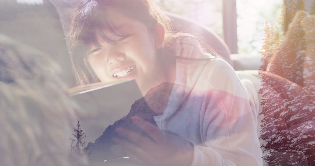Smiling Woman Reading Book with Nature Overlay