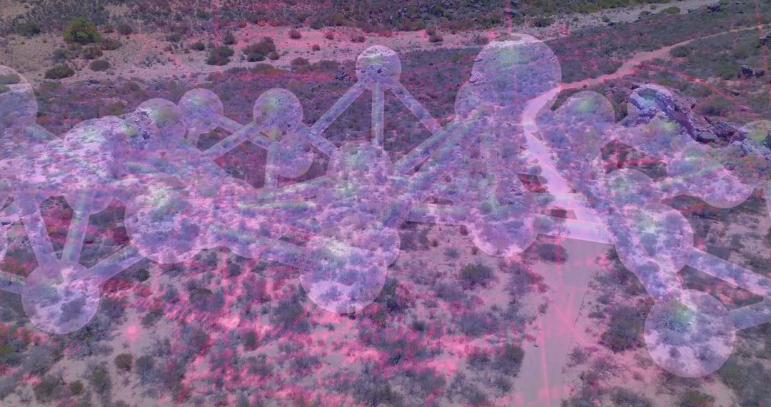 3D Molecular Model Overlaying Desert Scrub Landscape