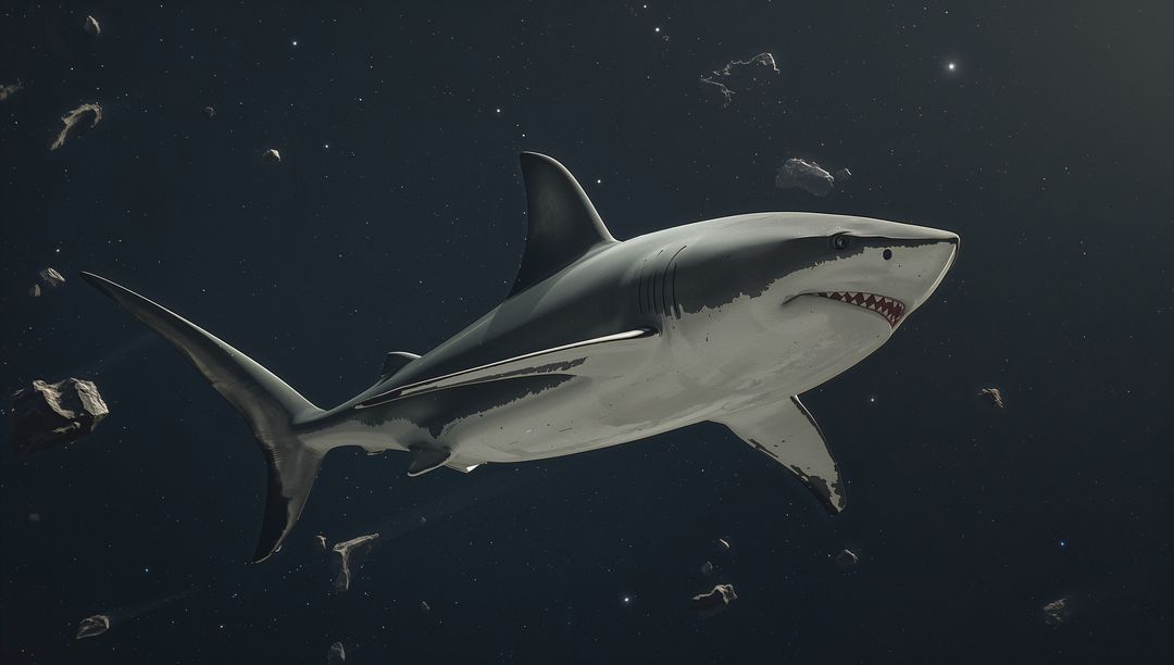 Great White Shark Gliding Through Cosmic Void Among Floating Asteroids and Stars