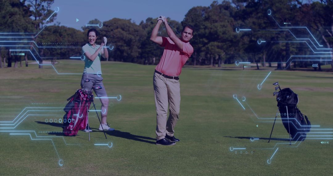 Golfers on Fairway Engaged with Digital Tech for Improved Performance