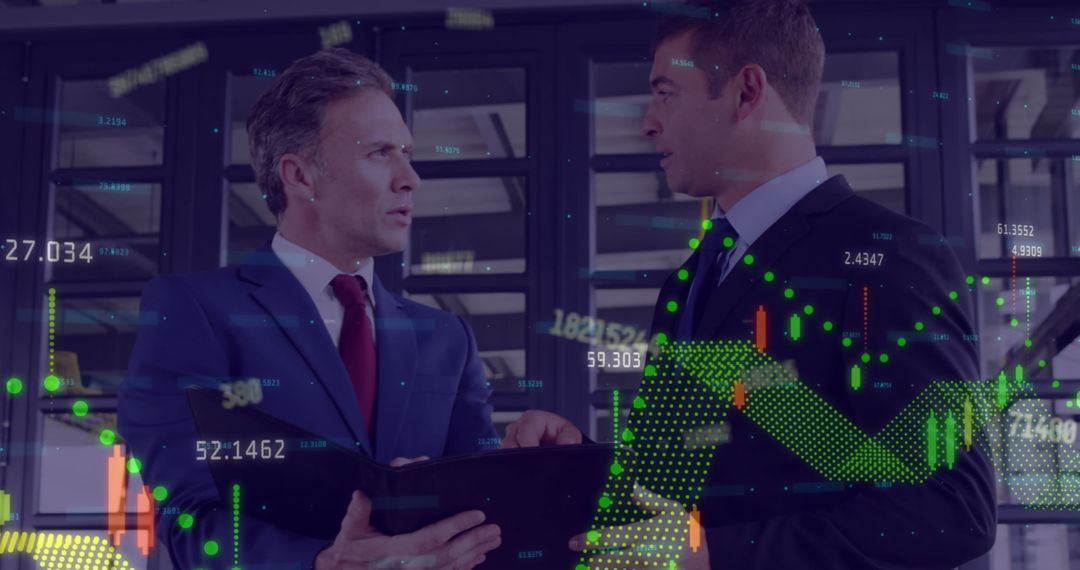 Businessmen Analyzing Financial Data on Tablet with Digital Charts