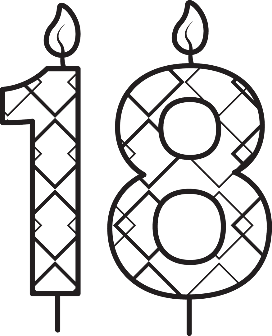 Black Patterned Number 18 Candle on Transparent Background