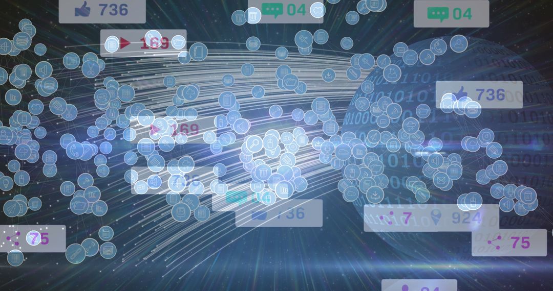 Digital Data Streams with Social Media Icons Over Globe