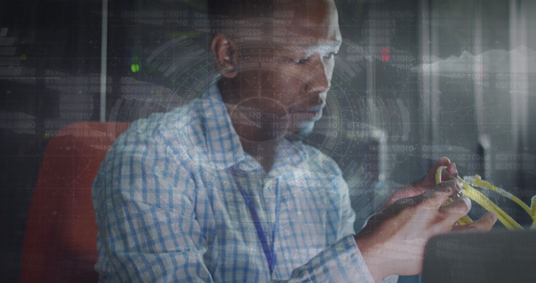 Technician Analyzing Data with Futuristic Interface in Server Room