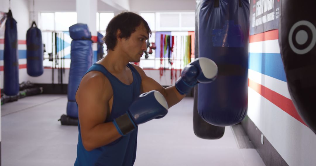 Young Man Practicing Boxing in Gym with Heavy Punching Bag - Free Images, Stock Photos and Pictures on Pikwizard.com