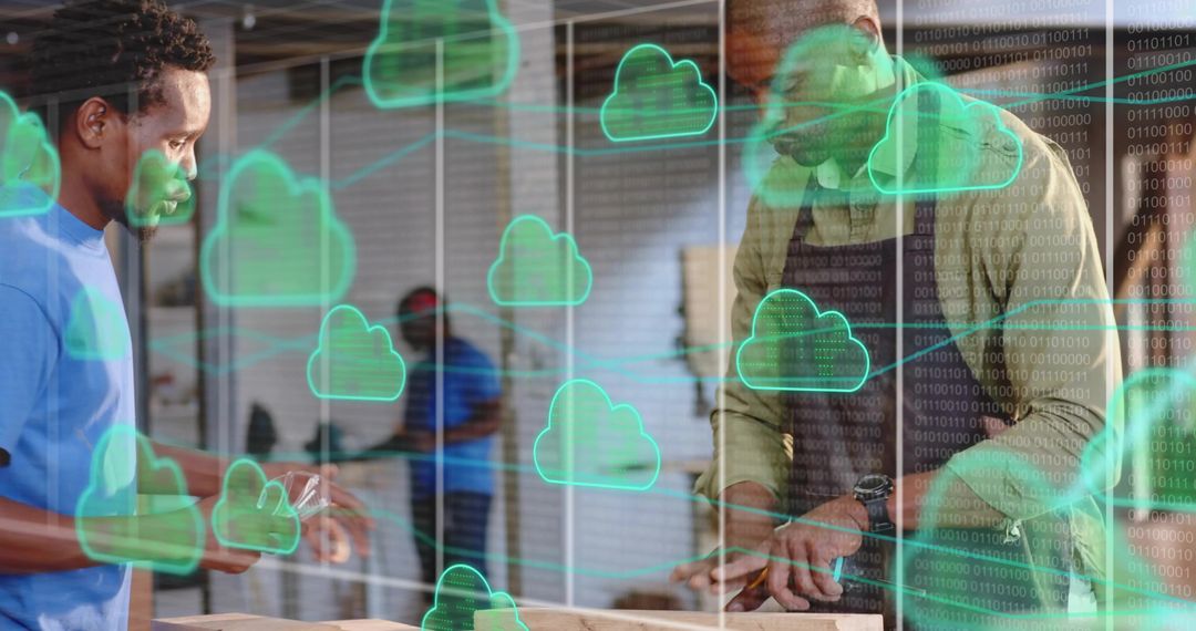 Woodworkers Collaborating at Workbench with Cloud Data Overlay for Smart Workshop Tech