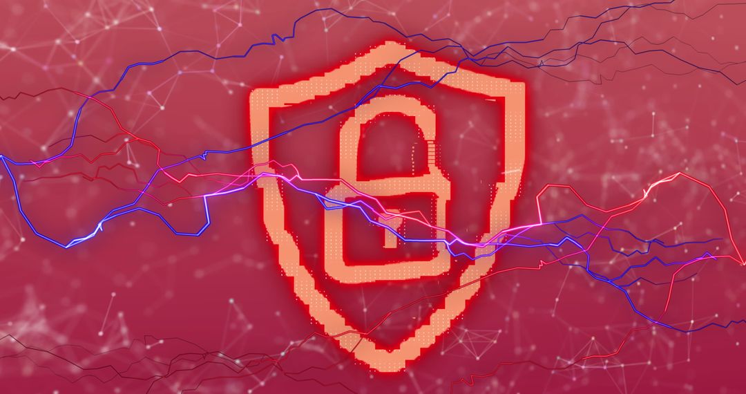 Digital Security Padlock with Network Connections on Red Background