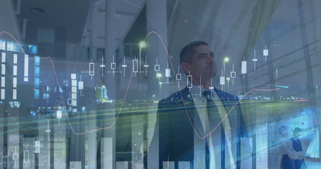 Confident Businessman with Financial Data Overlay at Nighttime Airport