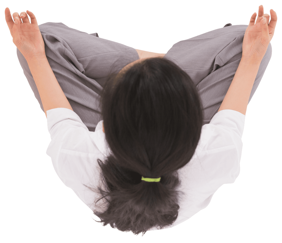 Transparent View of Businesswoman in Lotus Position Meditating at Work