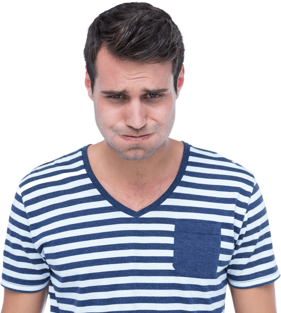 Worried Man with Striped Shirt on Transparent Background