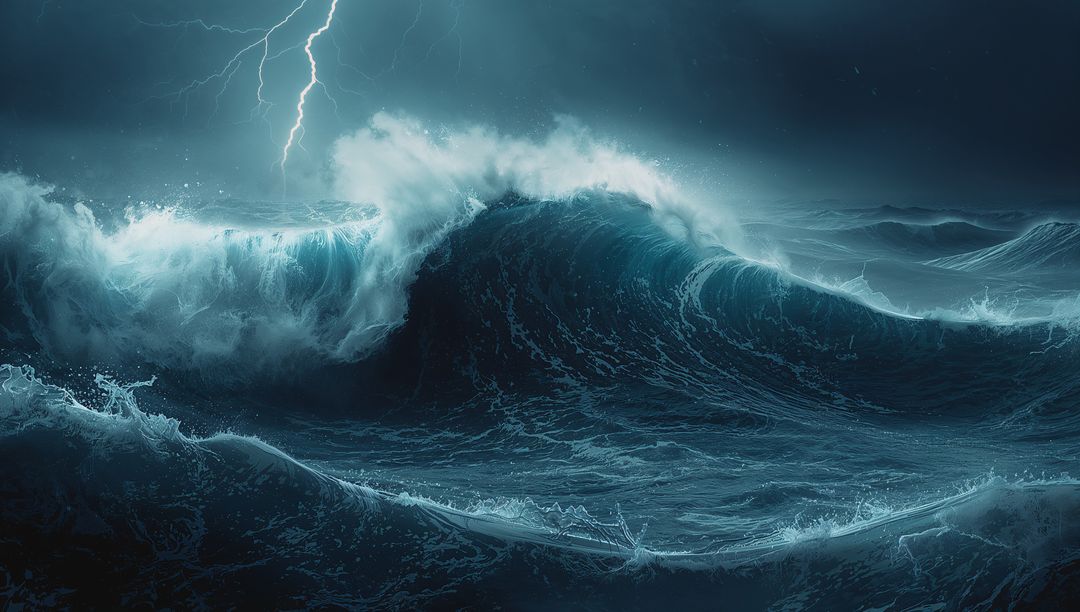 Dramatic Ocean Wave Struck by Lightning during Intense Storm