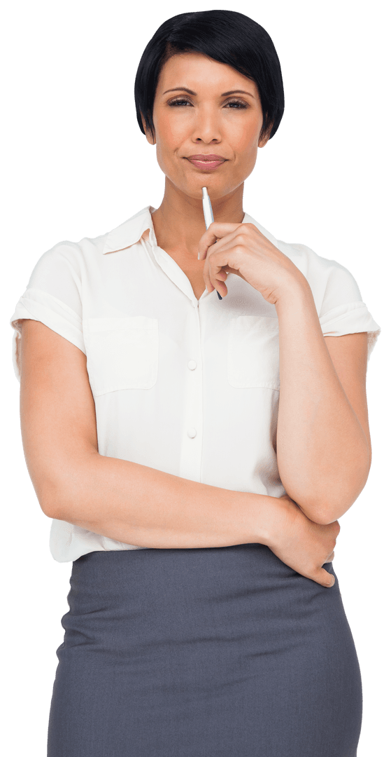 Confident Businesswoman Pondering with Pen Transparent Background