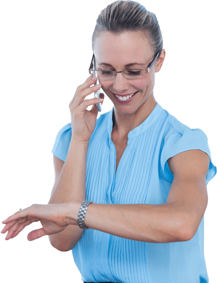 Transparent Businesswoman Checking Watch During Phone Call