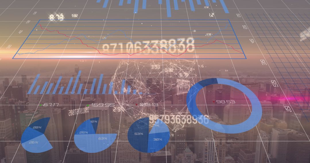Global Financial Data Networks Over Urban Cityscape