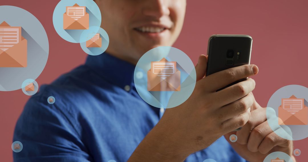 Businessman Using Smartphone with Email Icons Overlay