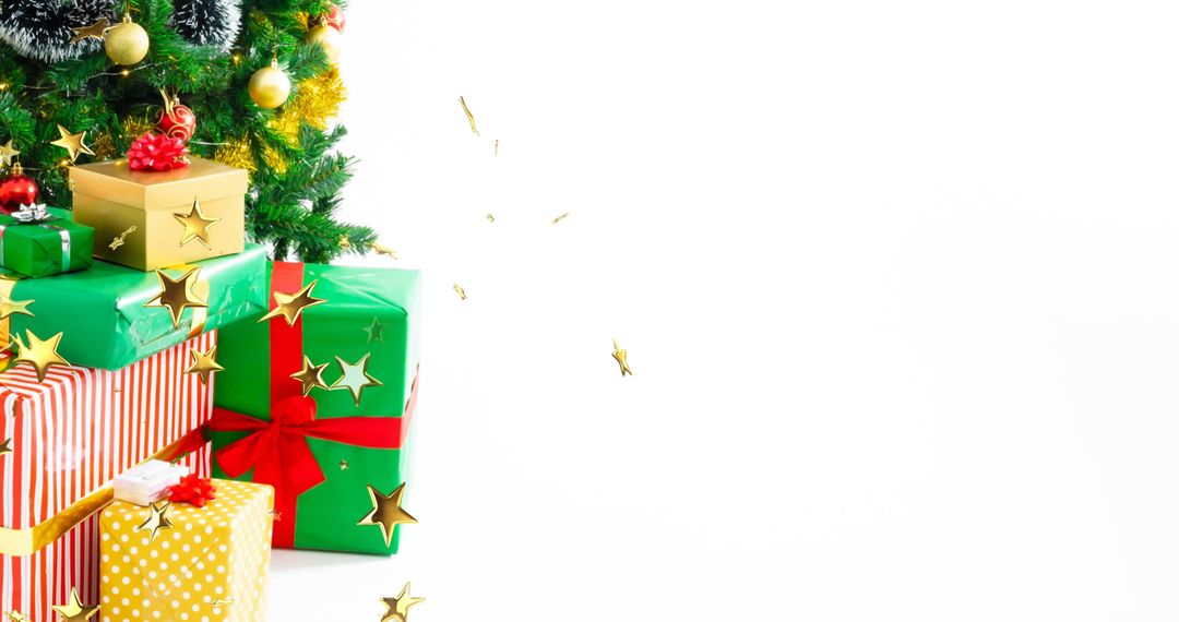 Festive Christmas Tree and Gift Boxes with Floating Stars on White Background