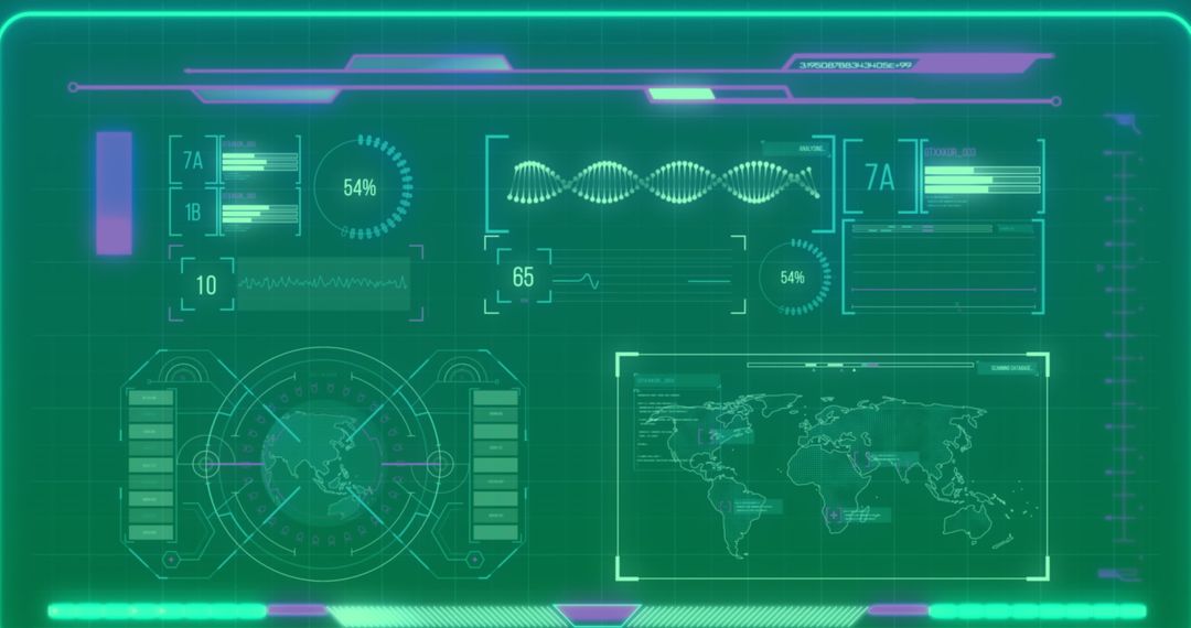 Futuristic Green Digital Interface Displaying Data and World Map
