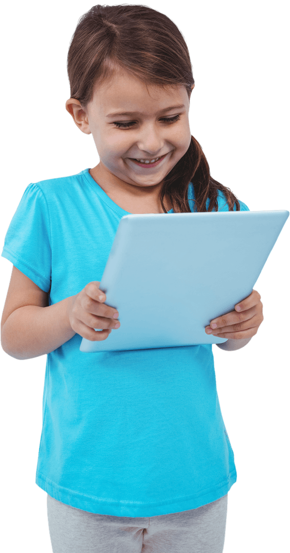 Happy Girl with Tablet Demonstrating Joyful Technology Use on Transparent Background
