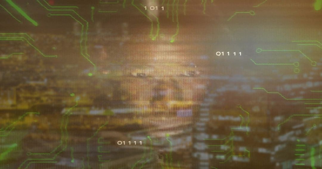 Futuristic Face over Night Cityscape with Circuit and Binary Overlay