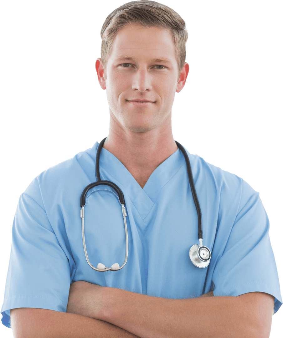 Smiling Doctor in Blue Scrubs with Stethoscope Transparent Background
