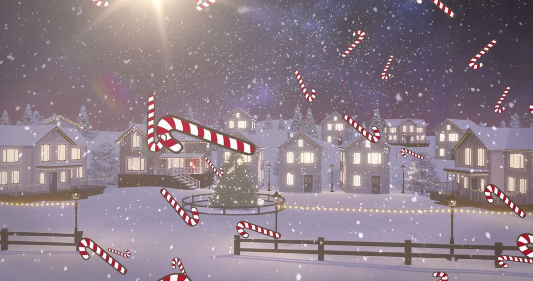Enchanting Christmas Village Under Snowy Skies with Floating Candy Canes