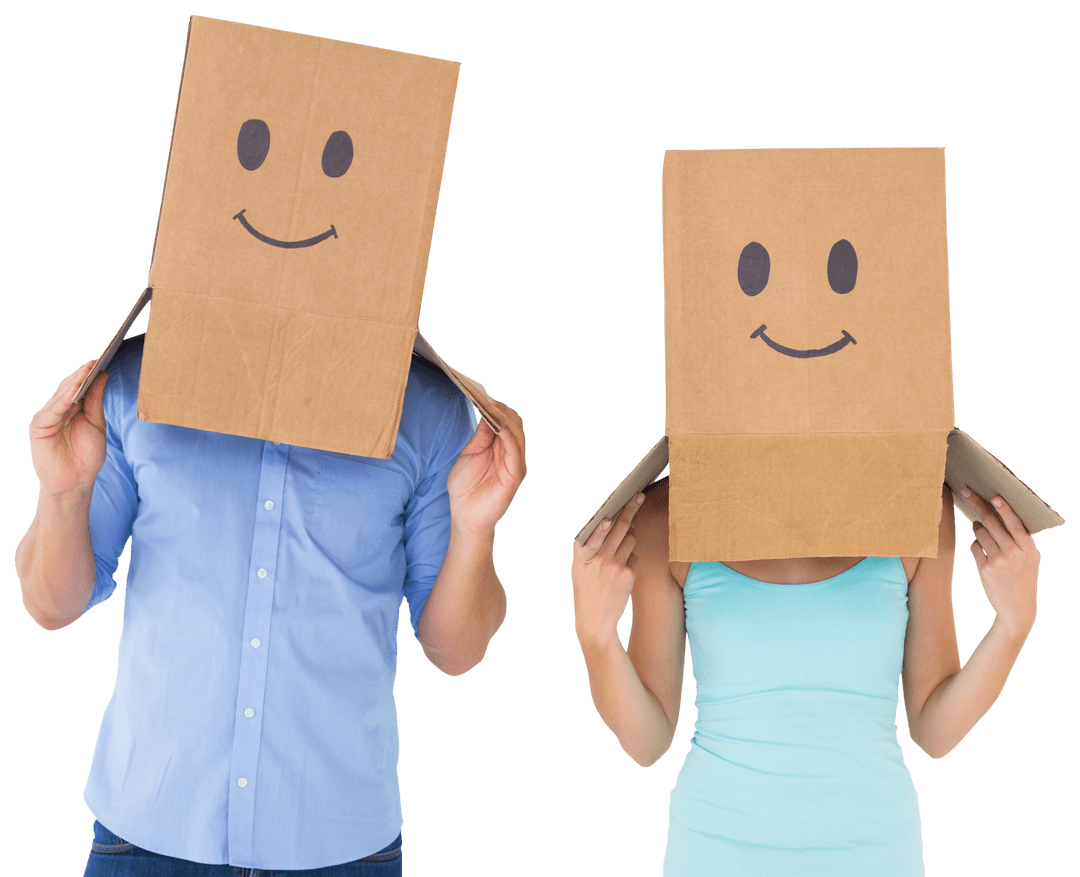 Couple Wearing Transparent Smiley Face Box Masks, Quirky Costume Concept