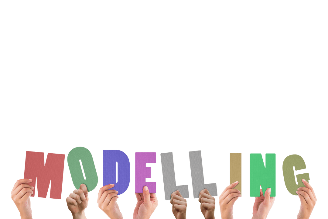 Transparent Letters of 'Modelling' Held by Diverse Hands