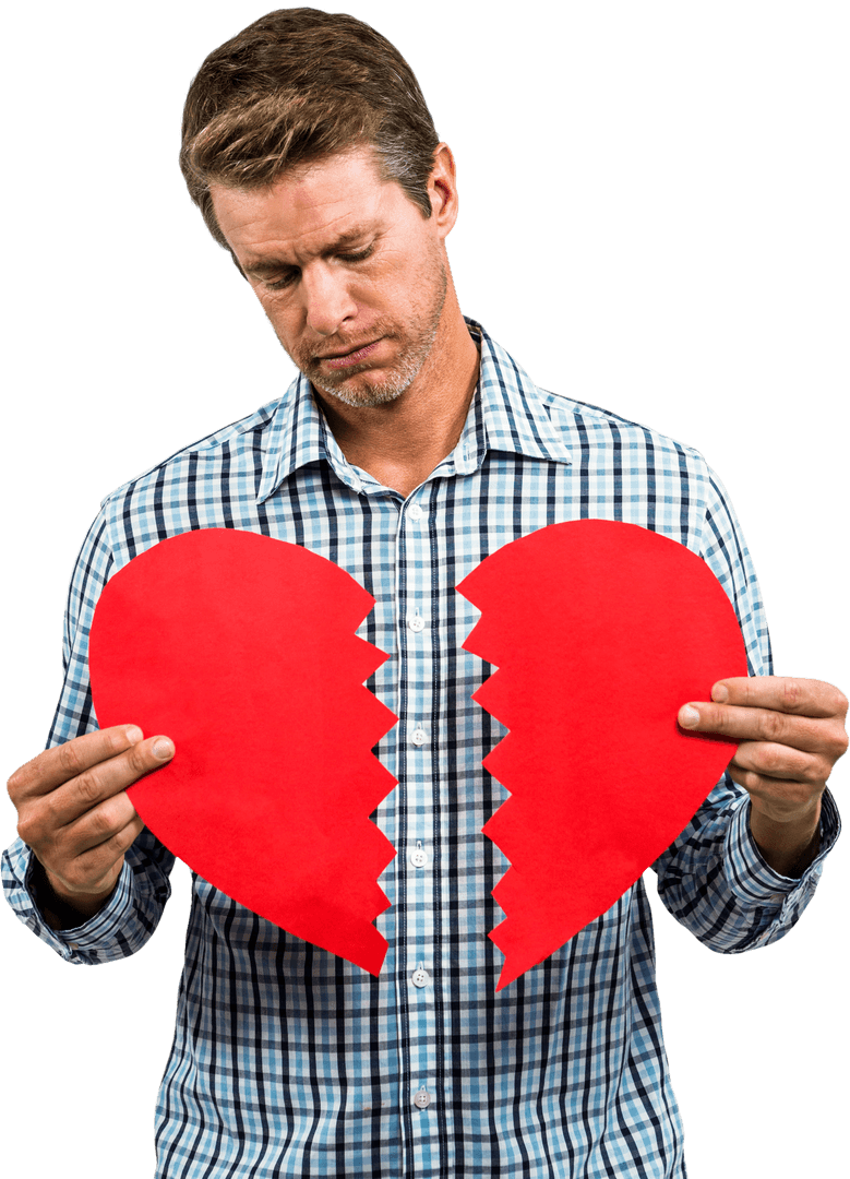 Thoughtful Man Holding Transparent Broken Heart Card