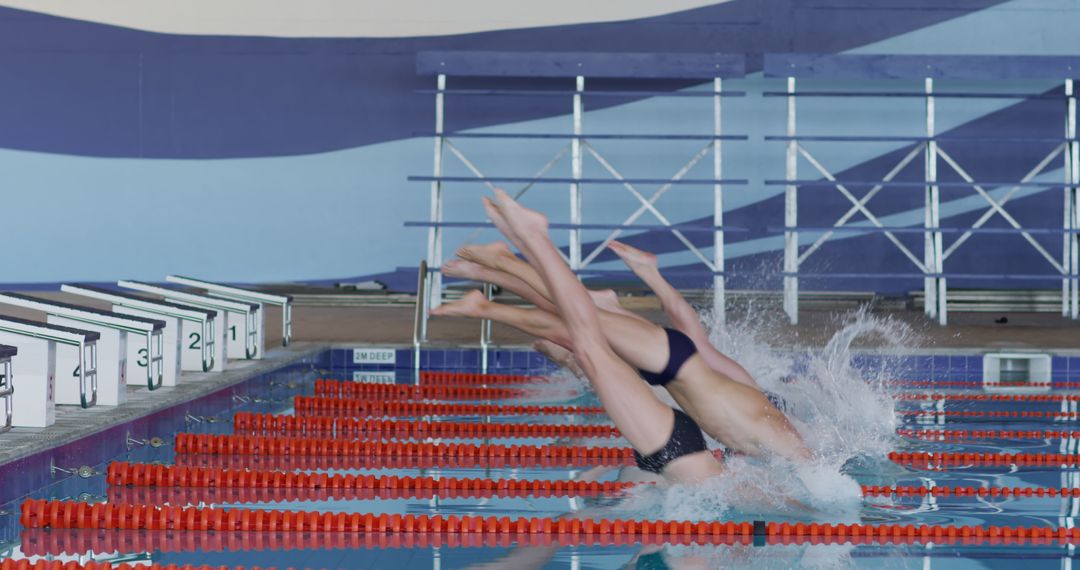 Swimmers Diving into Indoor Pool for Competition Start