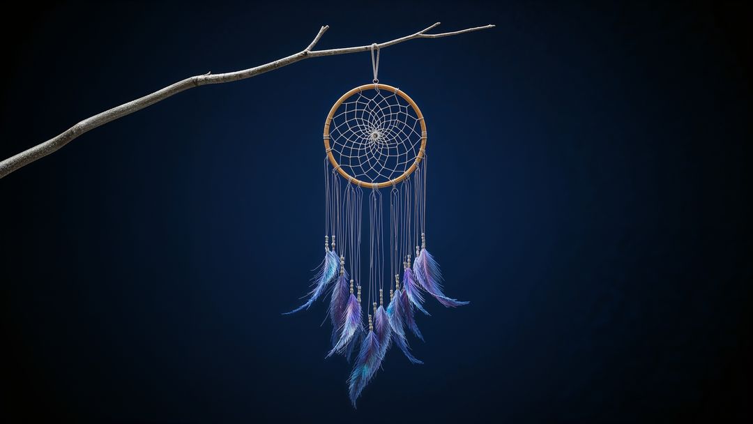 Dreamcatcher Swaying with Purple Feathers Against Dark Gradient Background
