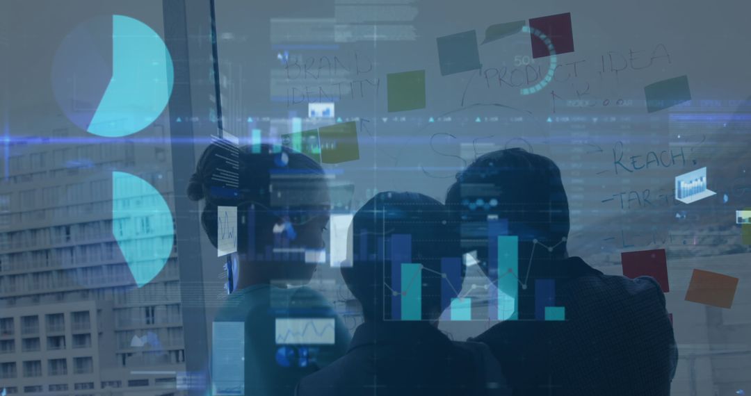 Business Team Analyzing Financial Data with Digital Technology Overlay