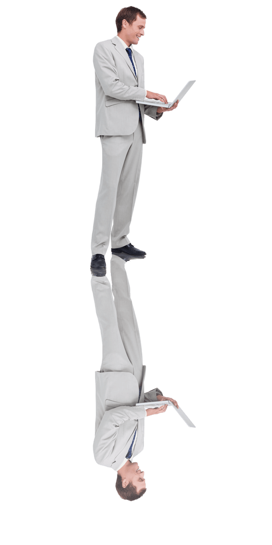 Smiling Businessman Using Laptop with Mirror Reflection on Transparent Background