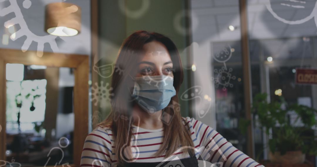 Woman Wearing Face Mask in Restaurant with Floating Microbe Illustrations - Free Images, Stock Photos and Pictures on Pikwizard.com