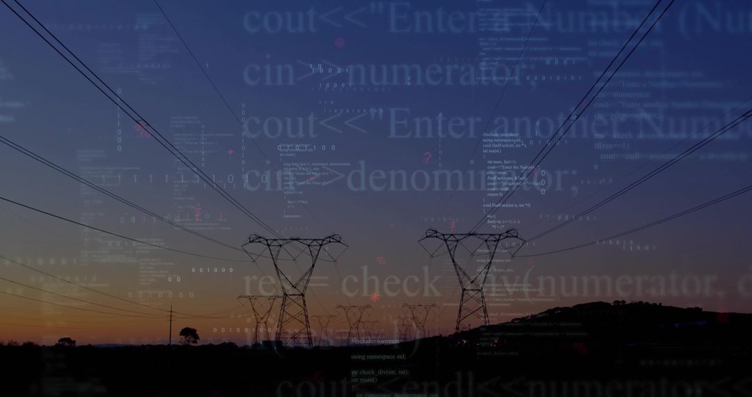 Power Lines and Code Overlay at Dusk Symbolizing Modern Technology
