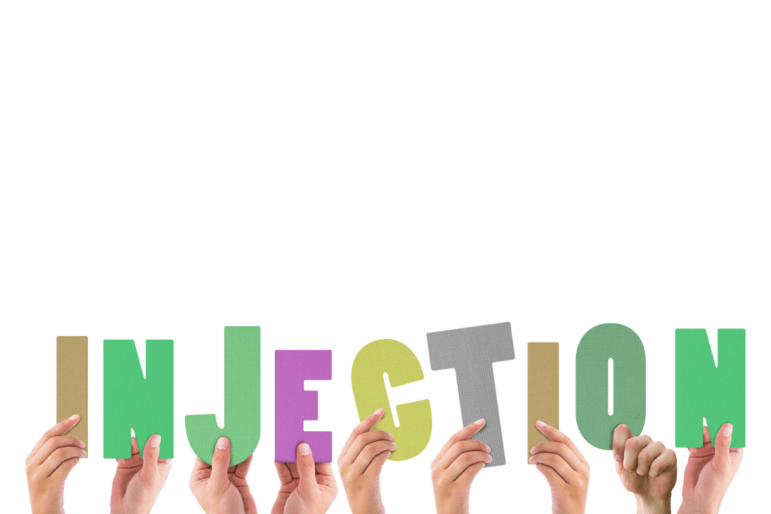 Hands Holding Injection Text on Transparent Background