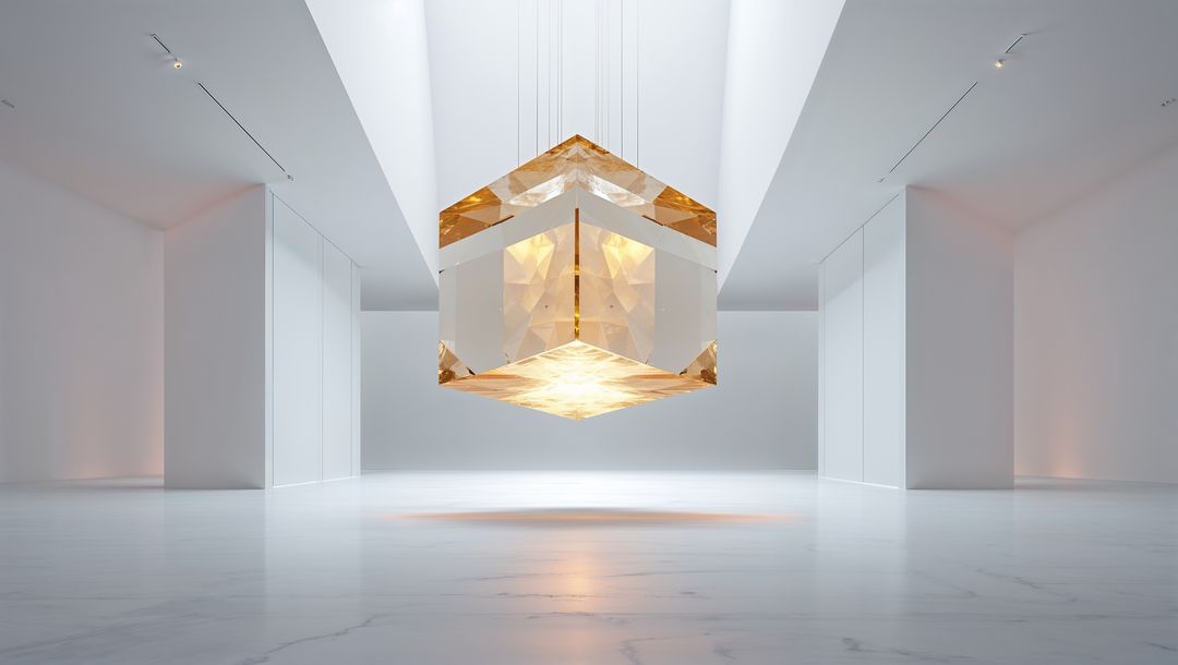Golden Geometric Crystal Sculpture in Minimalist Gallery