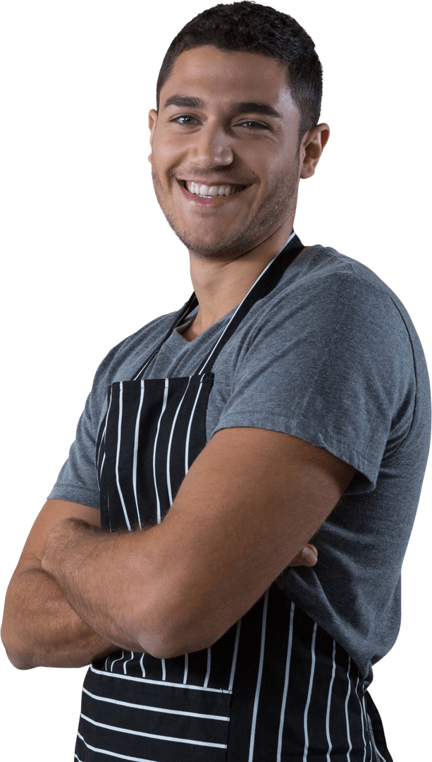 Confident Waiter in Apron Posing on Transparent Background