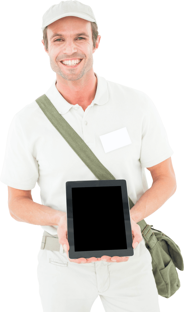 Smiling Delivery Man Holding Digital Tablet Transparent Background