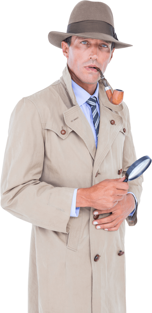 Mysterious Spy Holding Magnifying Glass and Wearing Trench Coat on Transparent Background