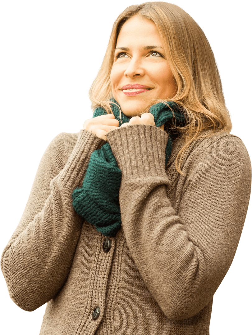 Smiling Woman in Cozy Wool Sweater Transparent Background
