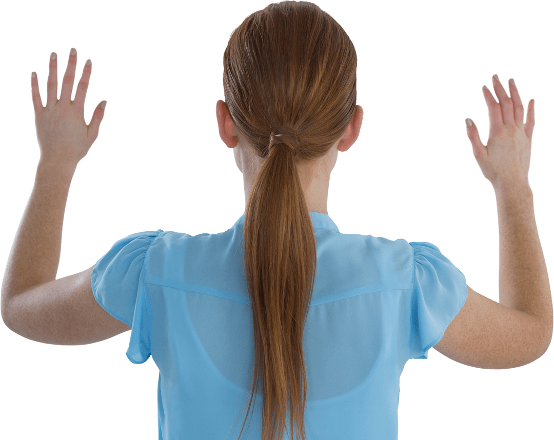 Transparent Imaginary Screen Interaction of Businesswoman, Rear View