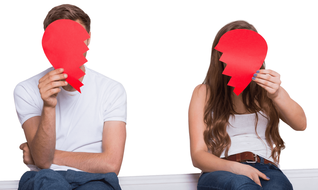 Caucasian Couple Holding Broken Hearts Transparent Background
