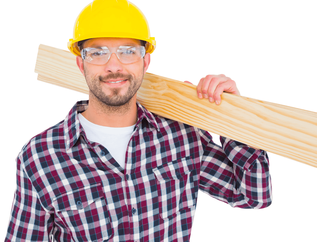 Smiling Handyman Carrying Plank Wearing Transparent Glasses