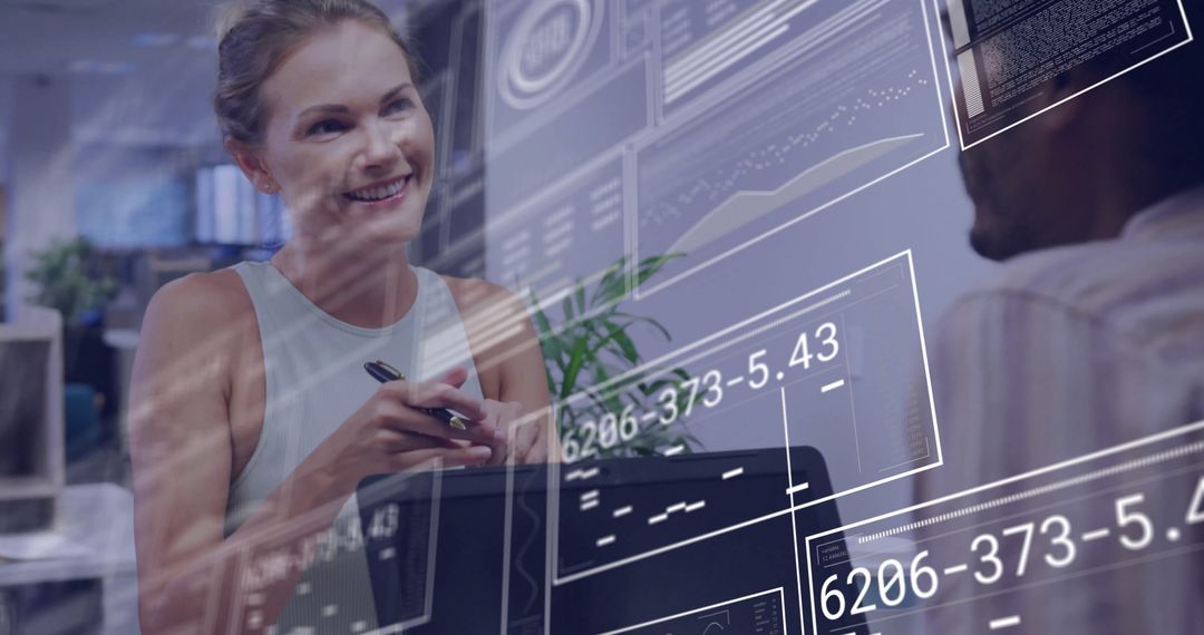 Smiling Businesswoman with Digital Data Holo Projection