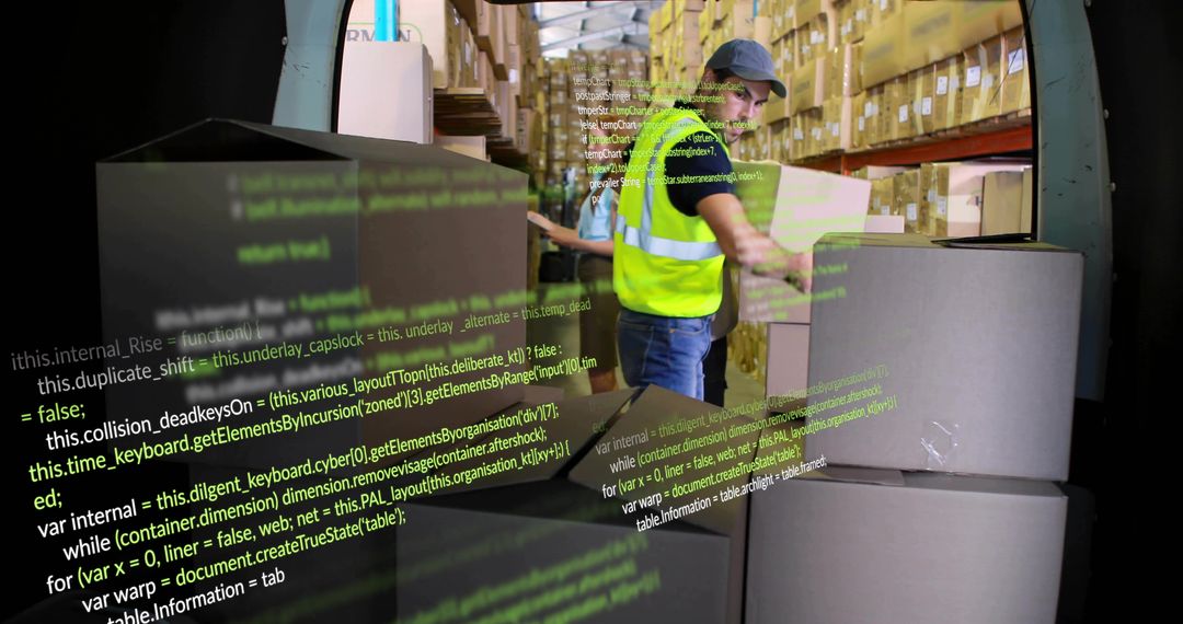 Warehouse worker loading box at van bay with AR code overlay visualizing logistics systems