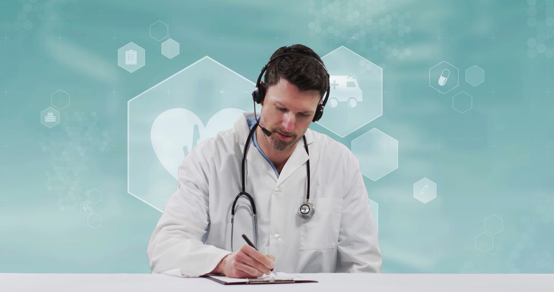 Male Doctor Using Headset Taking Notes with Medical Icons Backdrop