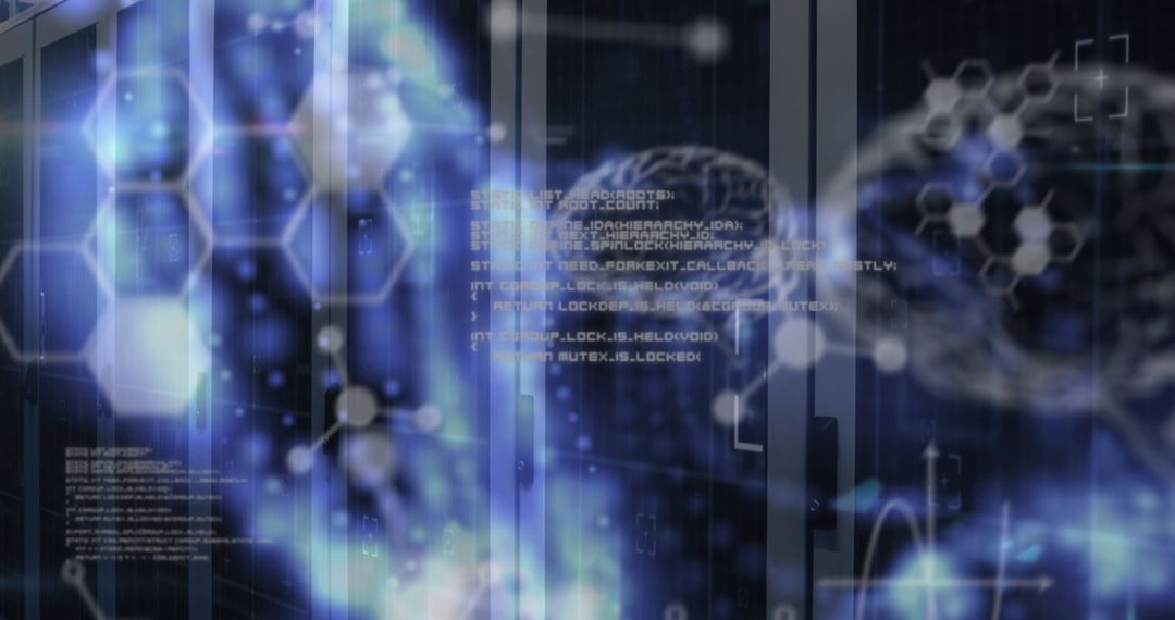 Futuristic Digital Interface Over Server Room with Data Analysis