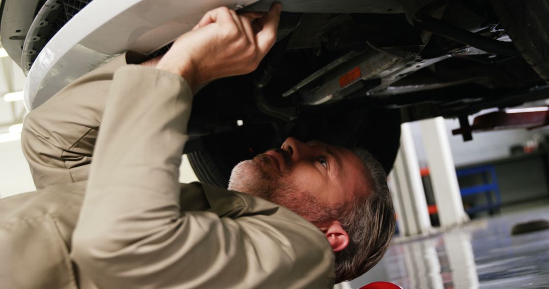 Mechanic Inspecting Car Underbody in Workshop - Free Images, Stock Photos and Pictures on Pikwizard.com