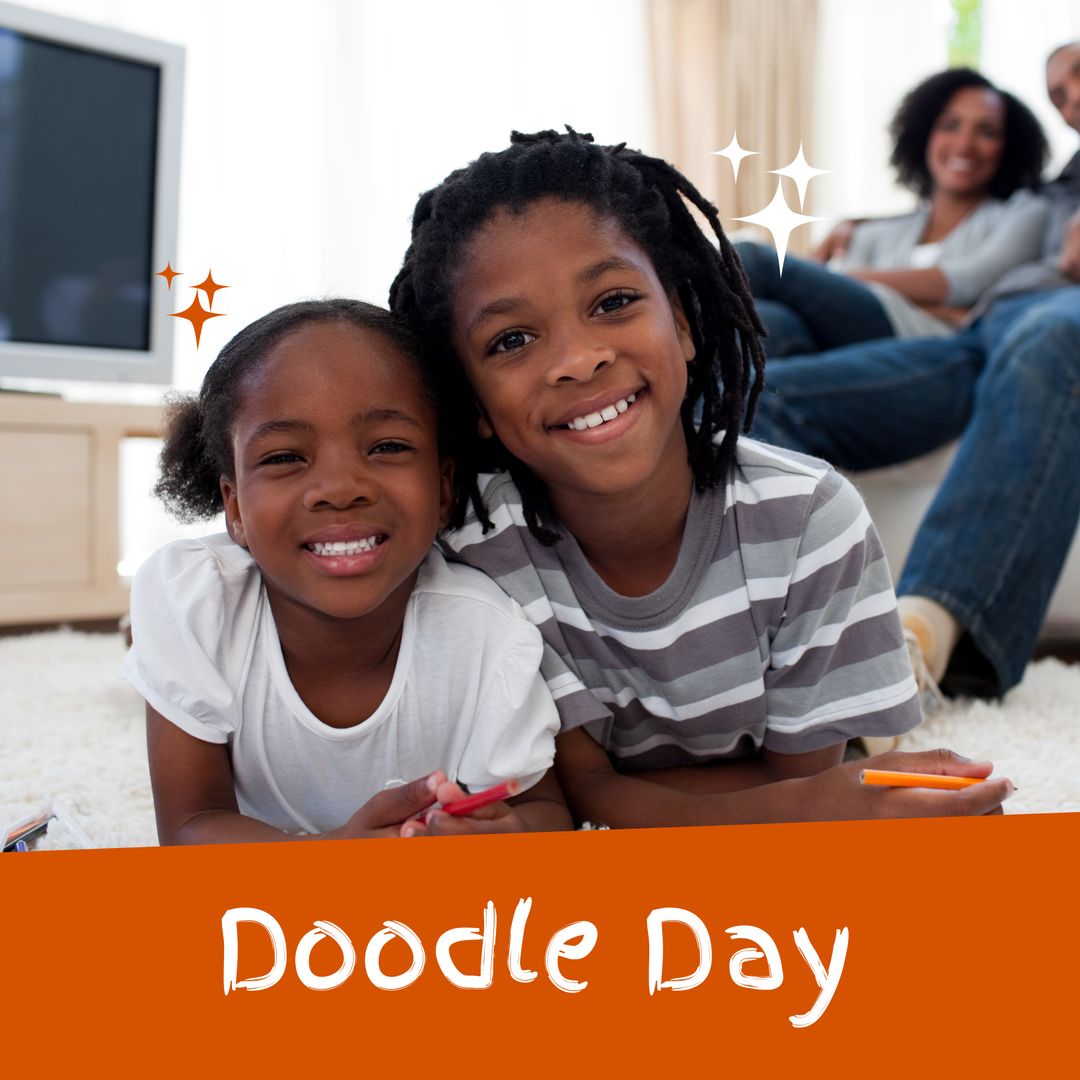 Smiling Children Enjoying Doodle Day at Home
